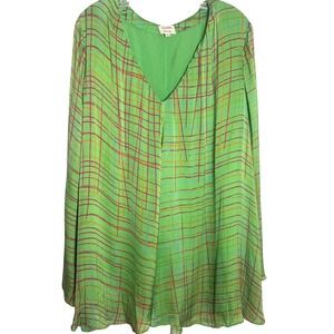 Anthropologie V-Neck Flowy Blouse Women XL‎ Green Abstract Print Boho Tunic